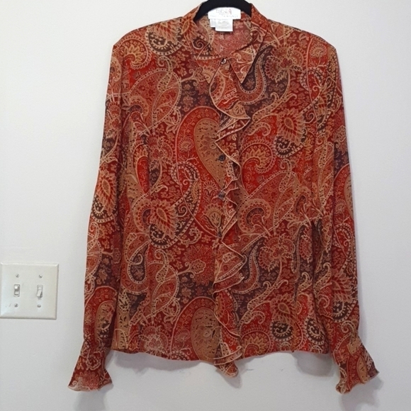 ESCADA 100% Silk Squash Orange Paisley Button Down Shirt - Picture 1 of 10